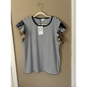 THML Women Stripe Top Boho Mustard Navy Flutter Sleeves Size L Anthropologie New